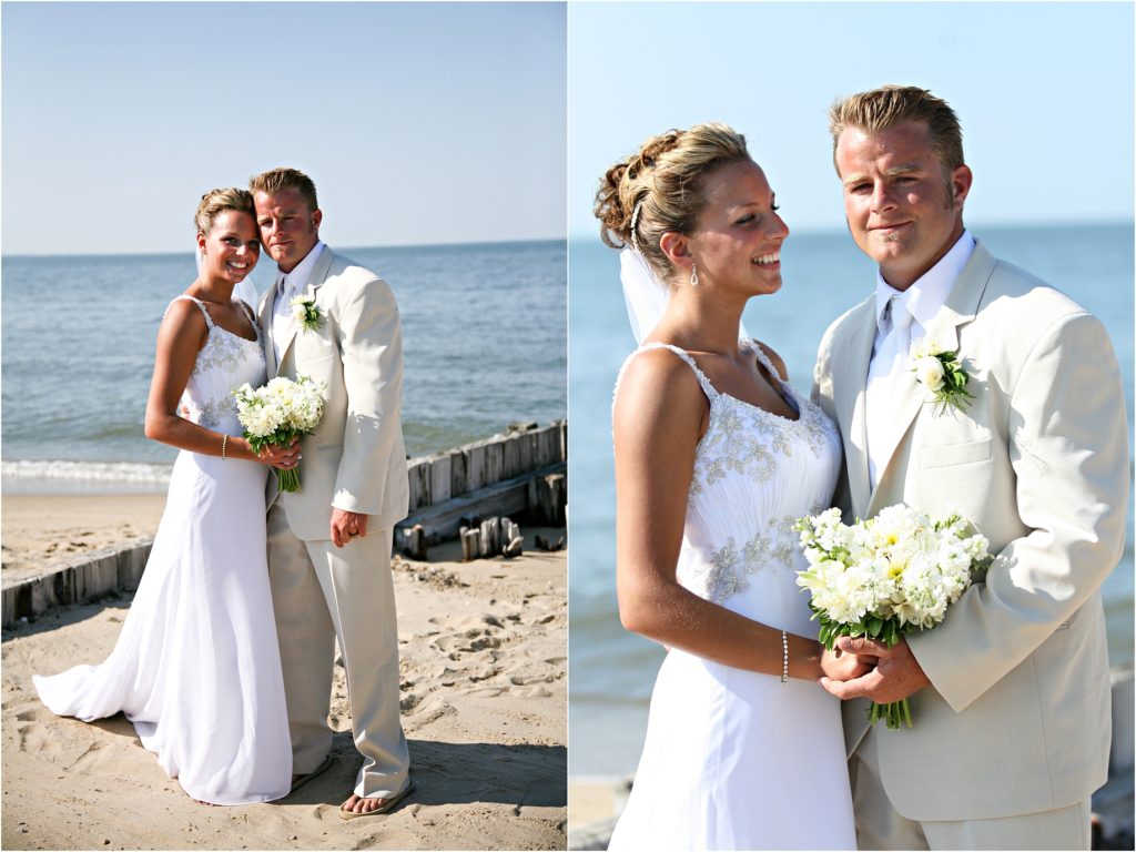 Beach wedding with tan suit and white flowers