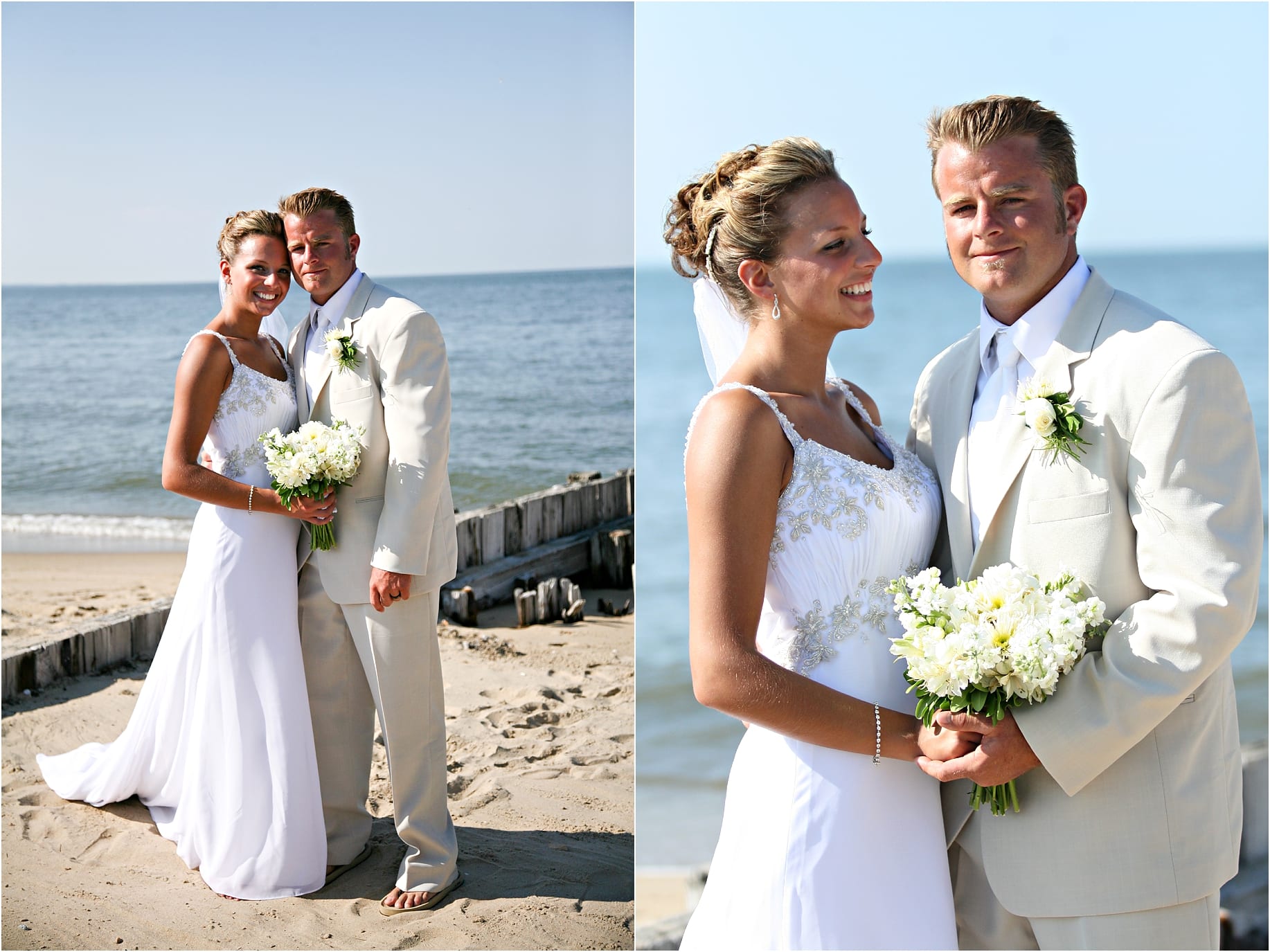 Beach wedding with tan suit and white flowers